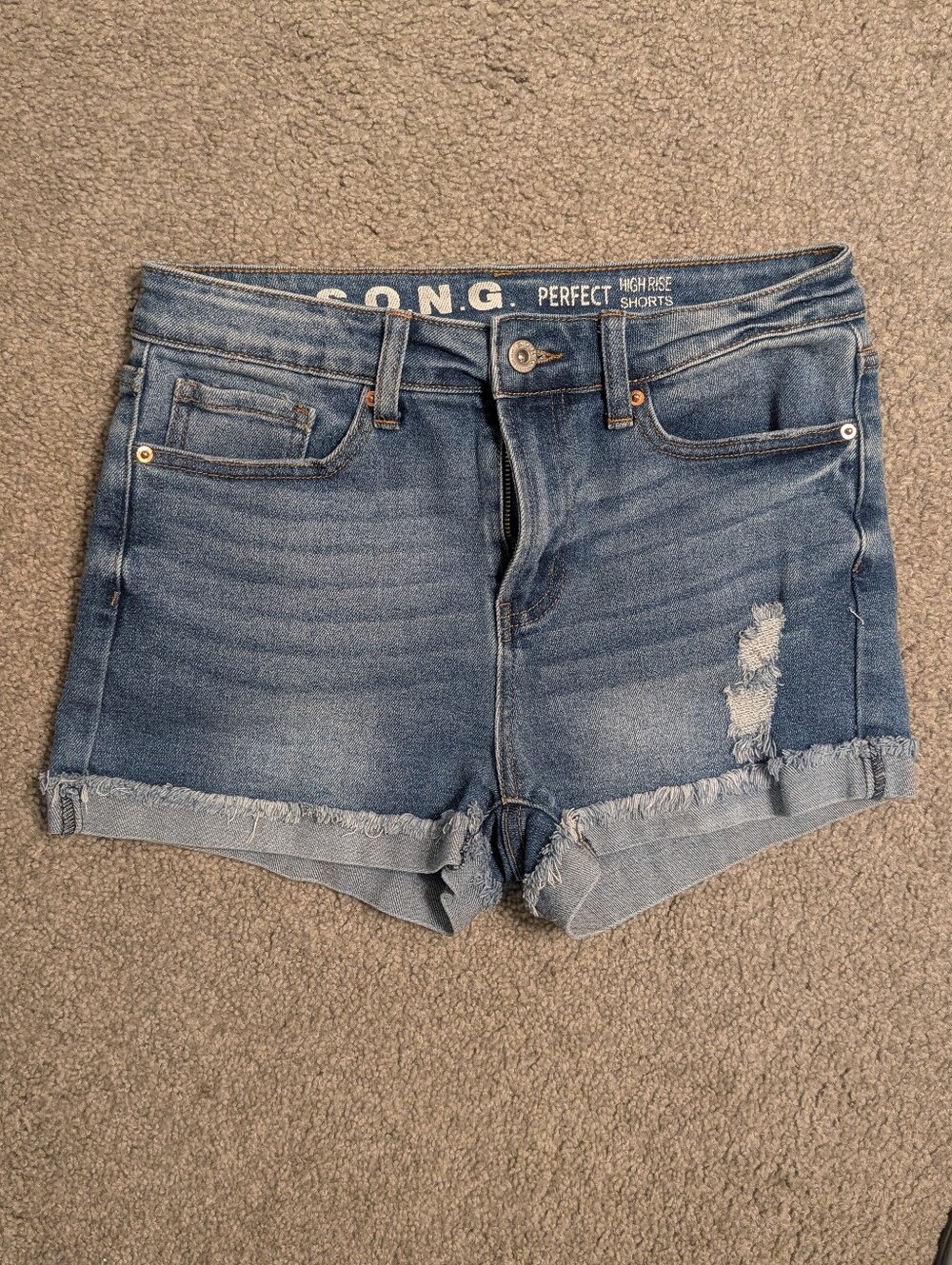 SONG Medium Blue Distressed High-Rise Jean Shorts